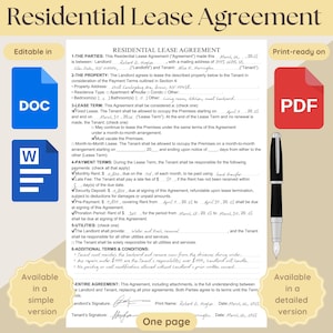 Può includere: Un modello di contratto di locazione residenziale stampabile in formato DOC e PDF. Il documento è modificabile e include sezioni per le parti, la proprietà, il periodo di locazione, le condizioni di pagamento, le utenze e le condizioni aggiuntive. Il documento è disponibile in una versione semplice e dettagliata.