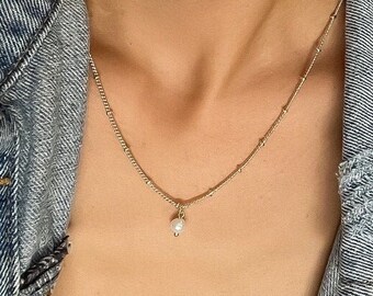 Fresh water pearl charm on satellite chain - layering necklace - Dainty Gold Charm pendant - Gift For Her