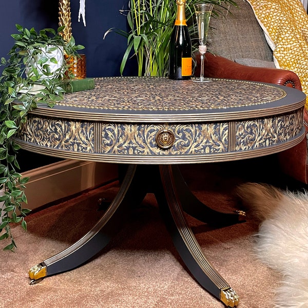 Coffee table/ table/ upcycled furniture/ hand painted/ decoupaged/ black and gold/