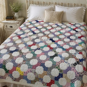 Antique Snowball Quilt, 1930s Feedsack Hand Quilted Farmhouse Quilt, Vintage Patchwork Bed Quilt
