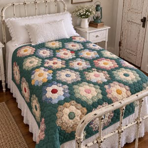 May include: A quilt featuring a repeating hexagonal flower pattern in various floral and solid fabrics, set against a deep green background. The quilt is draped over a bed with a white bed skirt, white pillows, and a white metal bed frame.