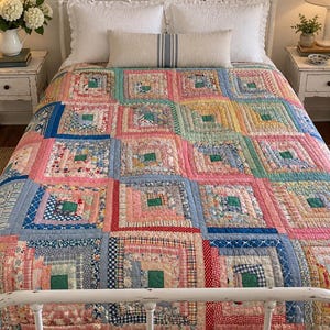 Puede incluir: Una colcha de retazos tipo log cabin con un patrón cuadrado repetitivo hecho de varias tiras de tela multicolor en tonos rosa, azul, amarillo y verde, con un cuadrado central verde sólido en cada bloque, sobre una estructura de cama de metal blanco.