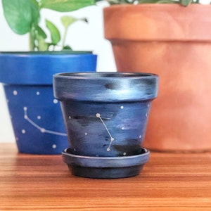 Constellation Planter Pot | Navy or Galaxy Hand Painted Terracotta Pot with Vinyl Accents | Drainage Hole and Matching Tray