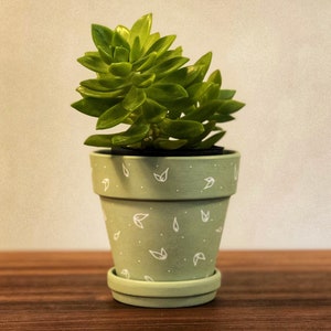 Sage Green Hand Painted Terracotta Planter Pot with White Foliage | with Drainage Hole and Matching Saucer | Tray | 3 4 6 inch