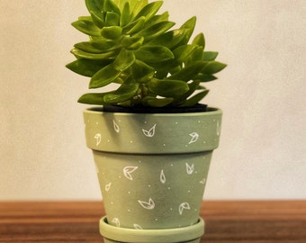 Sage Green Hand Painted Terracotta Planter Pot with White Foliage | with Drainage Hole and Matching Saucer | Tray | 3 4 6 inch