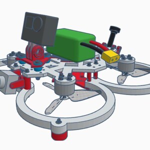 Peut inclure: Un drone blanc, gris et rouge avec une batterie verte et une caméra noire montée sur le dessus. Le drone a quatre hélices et est conçu pour la photographie aérienne.