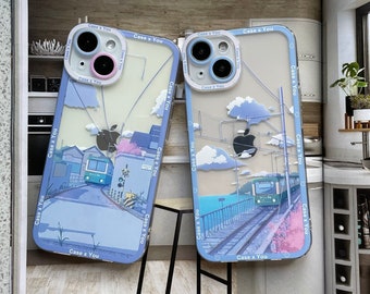 Japanese Landscape Train on Edge Blue Train Anime Phone Case For iPhone 15 14 13 12 Pro Max Mini 11 Pro Max