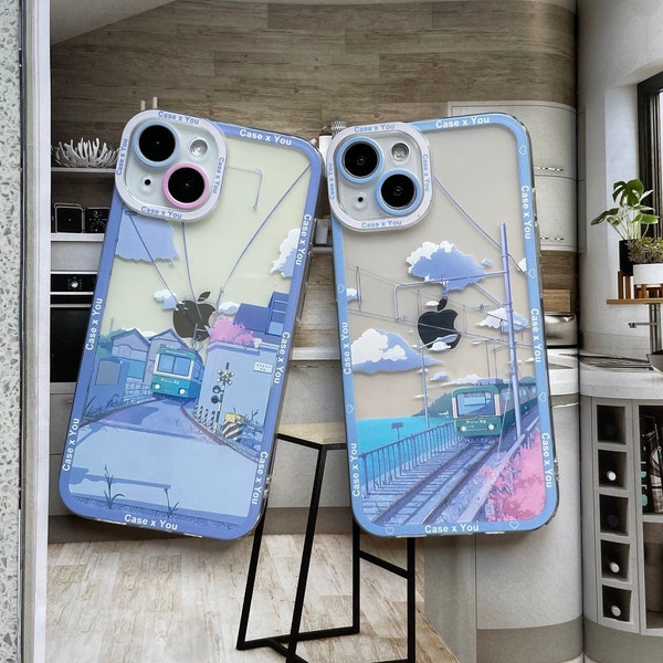 Japanese Landscape Train on Edge Blue Train Anime Phone Case For iPhone 15 14 13 12 Pro Max Mini 11 Pro Max