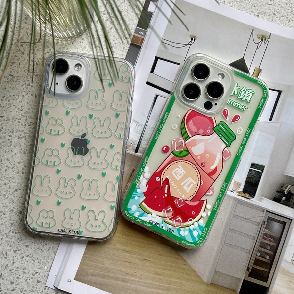 Kawaii Japanese Rabbits Watermelon Drink Clear Green Anime iPhone case | Available for iPhone 14 series now!!