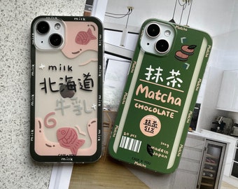 Kawaii Matcha-Schokolade und Milchfisch, japanisches Essensthema, stoßfeste grüne iPhone-Hülle | Für iPhone 15 14 13 12 11 pro 15 pro 15 pro max