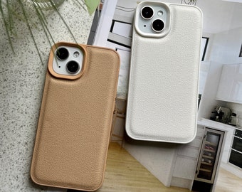 Newest Trendy Leather Light Brown Coffee and Tea White Matte Plain iPhone case | Available for iPhone 15 series now!!