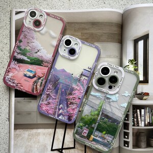 Japanische Landschaft Rosa Lila Grün Anime Handyhülle für iPhone 15 14 13 12 Pro Max Mini 11 Pro Max