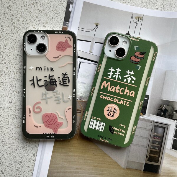 Kawaii Matcha Chocolate & Milk Fish Japanese Food Theme Shockproof Green iPhone case | For iPhone 15 14 13 12 11 pro 15 pro 15 pro max