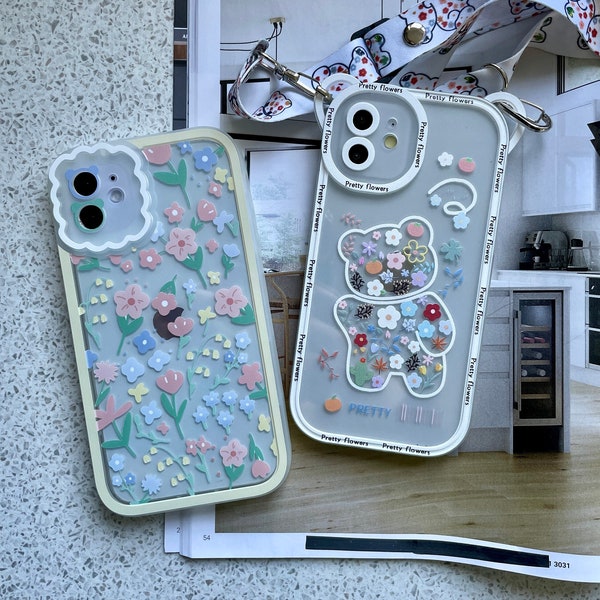Kawaii koreanische niedliche Blume und Bär iPhone Case Cover | Für alle iPhone 15 Taschenserien jetzt verfügbar!