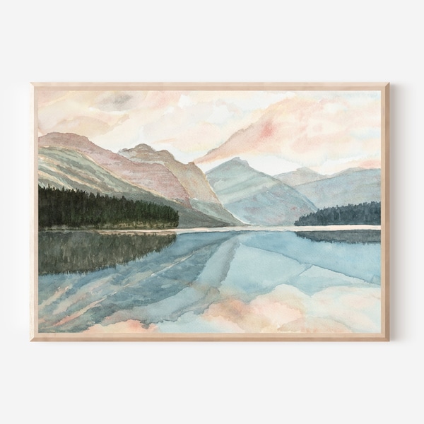 Waterton Lakes National Park Print, Alberta Nature Inspired Landscape Painting, Canadian Rocky Mountains Wall Art, Serene Watercolor Artwork