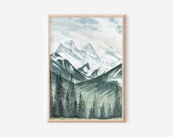 Three Sisters Watercolor Print, Canmore Mountain Painting, Alberta Nature Inspired Wall Art, Banff Canadian Rocky Mountain Giclee Artwork