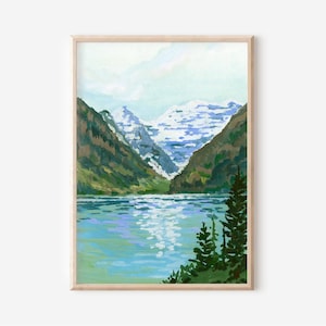 Lake Louise Watercolor Print, Banff Mountain Painting, Alberta Landscape Artwork, National Park Mountain Art, Farmhouse Giclee Wall Decor