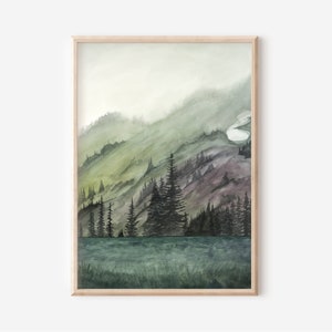 Foggy Forest Wall Art Print, Atmospheric Landscape Watercolor Giclee, Misty Nature Artwork, PNW Moody Painting, Peaceful Forest Wall Decor