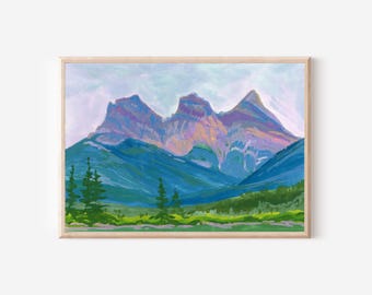 Three Sisters Mountain Landscape Print, Canmore Alberta Wall Art, Banff National Park Watercolour, Canadian Rockies Giclee Fine Art Print