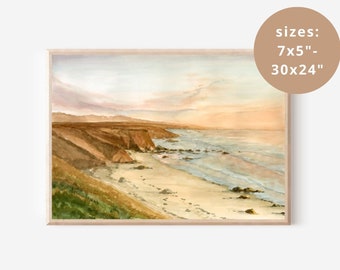 Big Sur Coastal Print, Big Sur Seascape Painting, California Beach Artwork, West Coast Seaside Print, Big Sur Watercolor Sunset Giclee Art