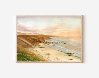 Big Sur Coastal Watercolor Print, California Seascape Painting, Serene Beach Artwork, West Coast Seaside Print, Large Sunset Giclee Wall Art