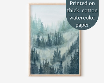 Misty Forest Nature Art Print, Serene Forest Landscape Watercolor Painting, Peaceful Evergreen Tree Nature Inspired Giclee Artwork.