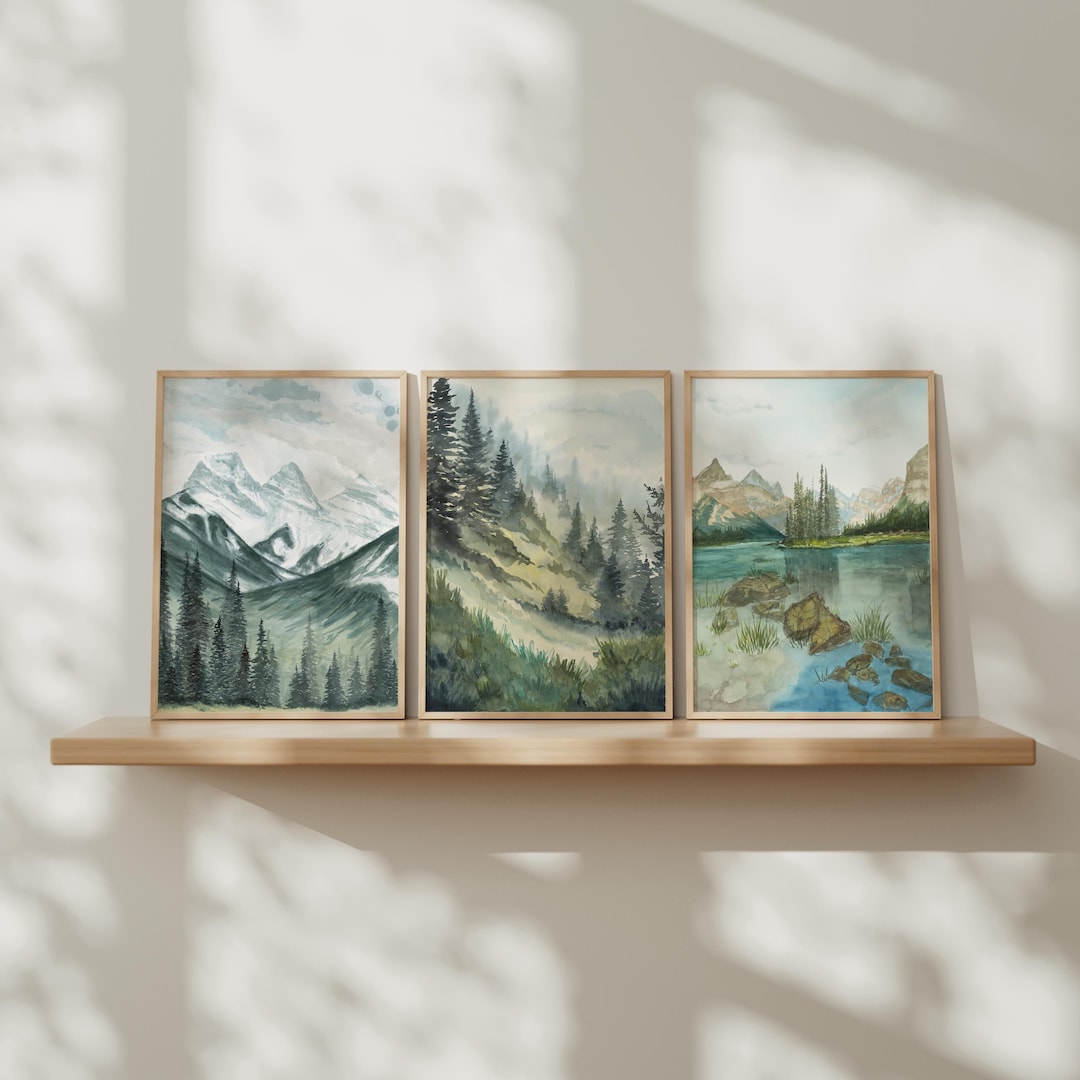 Mountains & Forests Watercolor Landscape Wall Art Set, Canadian Rockies ...