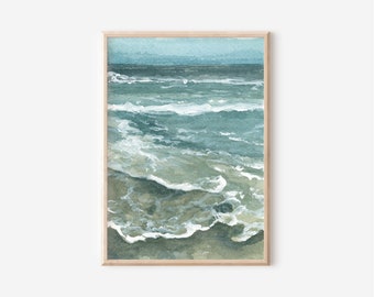 Low Tide Coastal Art Print, Waves Seascape Painting, Seaside Beach Artwork, West Coast Ocean Watercolor Print, California Beach Tidal Print