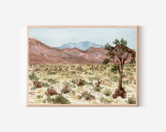 Joshua Tree Desert Valley Print, Southwest Watercolor Landscape Painting, California National Park Art, Mojave Desert Nature Giclee Artwork