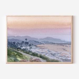 Encinitas Coastal Sunset Print, San Diego Seascape Painting at dusk, Southern California Beach Wall Art, Carlsbad Ocean Watercolor Art Print