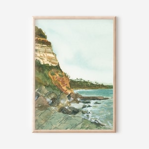 Swami&#39;s Beach Watercolor Print, Encinitas Seaside Painting, San Diego Ocean Artwork, Southern California West Coastal Print, Ocean Seascape