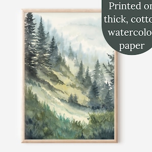 Hurricane Ridge Print, Green Forest Print, Evergreen Print,  Misty Tree Painting, Foggy Forest Painting, Pine Tree Art, Watercolor Landscape