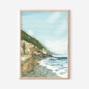 Moonlight Beach Print, Encinitas Seaside Watercolor Painting, San Diego Landscape Artwork, Southern California Pacific Ocean Coastal Decor
