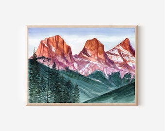 Three Sisters Sunset Mountain Print, Canmore Alberta Landscape Artwork, Canadian Rocky Mountain Painting, Forest Watercolor Giclee Wall Art