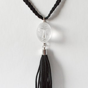 Fused glass human face pendant, Suede tassel charms, Braided necklace for women, Stylish gift for her, Jewelry for special moments