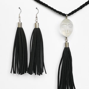 Jewelry set with glass human face, Black and white necklace and earrings set with suede tassel, Elegant Glass pendant with earrings