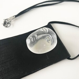 Black leather necklace, Gift for women, Fused glass human face jewelry, Trendy accessories for special ocassion, Genuine leather with fringe