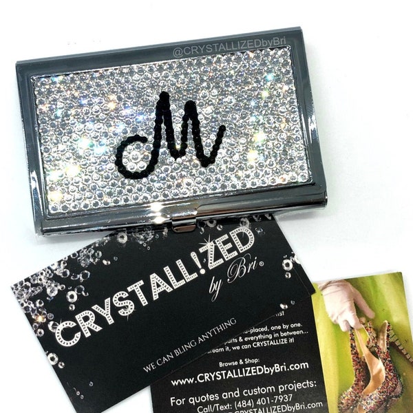 Austrian Crystal Personalized Business Card Holder Made with Bling Custom Office Portable Chrome Bedazzled Crystallized Accessories Name