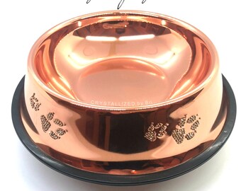 Cristal autrichien, or rose, bol chromé, empreintes de pattes bling, chien, chat, eau cristallisée, éblouissant, strass, chiot, acier inoxydable