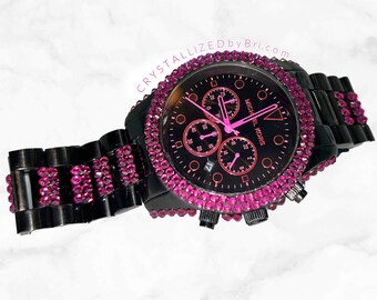 Bling personnalisé pour n'importe quelle montre Montre-bracelet intelligente cristallisée à la mode en métal doré rose, bijoux rose noir
