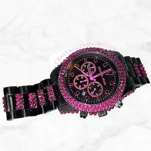 Austrian Crystal Custom Watch Bling Any Watch Crystallized Fashion Bedazzled Timepiece Rose Gold Metal Smart Wristwatch Jewelry Pink Black