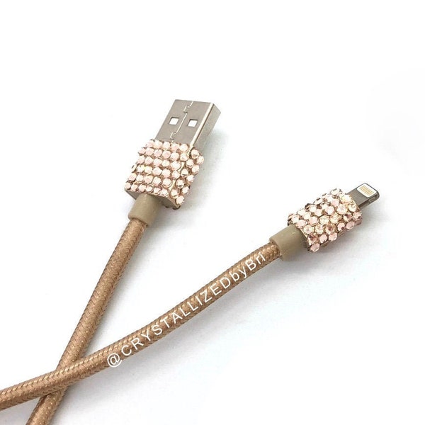 Austrian Crystal Lightning to USB Fabric Cord w/ Genuine Bling Fabric Wrapped iPhone Charging Crystallized Wire Bedazzled Cable Rose Gold