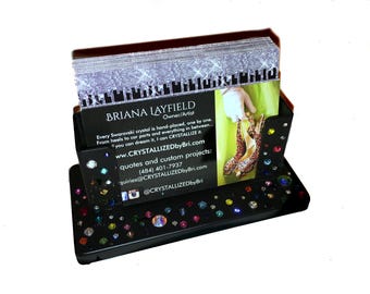 Porte-cartes de visite de bureau en cristal autrichien Bling personnalisé bureau Portable noir éblouissant cristallisé accessoires travail acrylique transparent