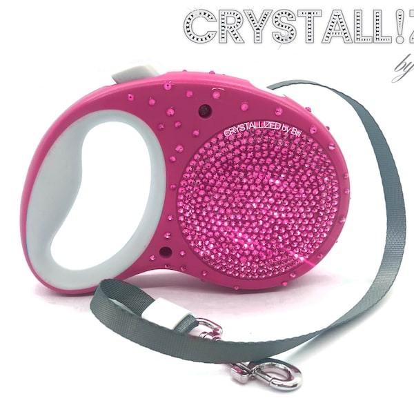 Austrian Crystal Retractible Dog Leash Embellished w/ Genuine Bling Pet Bling Walking Blue Crystallized Bedazzled Pink Puppy GSD