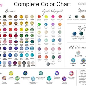 K&ouml;nnte beinhalten: Eine vollst&auml;ndige Farbkarte mit einer gro&szlig;en Auswahl an Kristallfarben, darunter Basics, Agnite, Metallics, Nightfall, AB (Aurora Borealis) und Shimmer. Die Karte zeigt verschiedene Farbt&ouml;ne, von Crystal bis Fuchsia, mit Textbeschriftungen f&uuml;r jede Farbe.