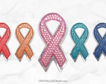 Austrian Crystal Awareness Ribbon Emblem Bling Metal Badge Decal Bedazzled Auto Accessories Breast Cancer Colon Brain Blood Autism Lung