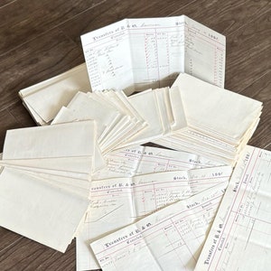 Comprobantes de transferencia de acciones ferroviarias antiguas. Cartas manuscritas del siglo XIX. Páginas del libro mayor ferroviario B&O. Contabilidad/Documentos antiguos: álbum de recortes/paquete de efímeras.