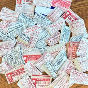 Apothecary Labels. POISON, Medicine- For Bottles. Antique, Vintage Early Sets. Pharmacy-Scrapbooking,Junk Journaling. Ephemera,Crafts.