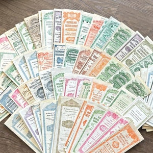 Certificados de acciones y bonos antiguos/vintage. Papel ferroviario efímero/piezas para scrapbooking. Lote de revistas basura, cartas/manuscritas.