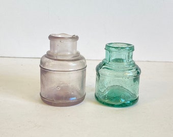 SET OF 2) Antique Aqua- Purple Inkwell Bottles-Fountain Pen Dippers-Amethyst Glass